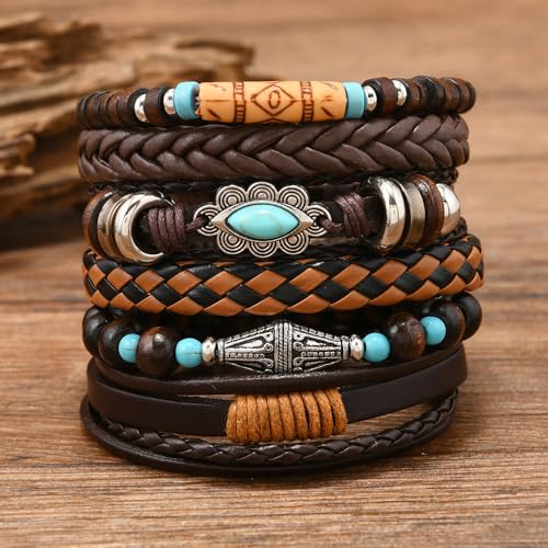 Turquoise Leather Western Bracelets for Women Men Bohemian Retro Turquoise Wrap Bracelets Exquisite Layered Stacked Cowboy Cowgirl Bracelet Western Country Concert Outfits Leather Cuff Bracelet for Women - style: Turquoise