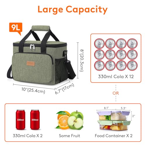 Lifewit Medium Lunch Bag, Insulated Lunch Box, Soft Cooler Cooling Tote for Adult Men Women, Dark Green 12-Can (9L) - color: Dark Green, size: Medium(9L)
