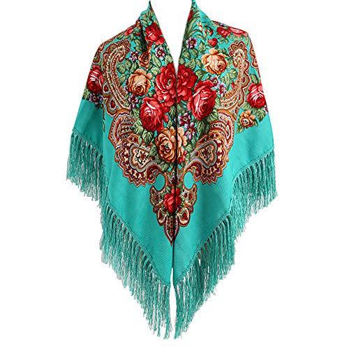 Gudessly Women's Traditional Scarf Wrap Tassel Fringes Neck Head Shawl Retro Scarf Floral Poncho Printing Square Cape 50inch - color: Green