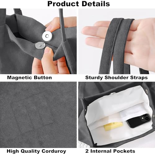 Corduroy Tote Bag for Women Small Canvas Shoulder Purse Cord Handy Bag with Inner Pocket | with Front Pocket - color: 02 Dark Grey