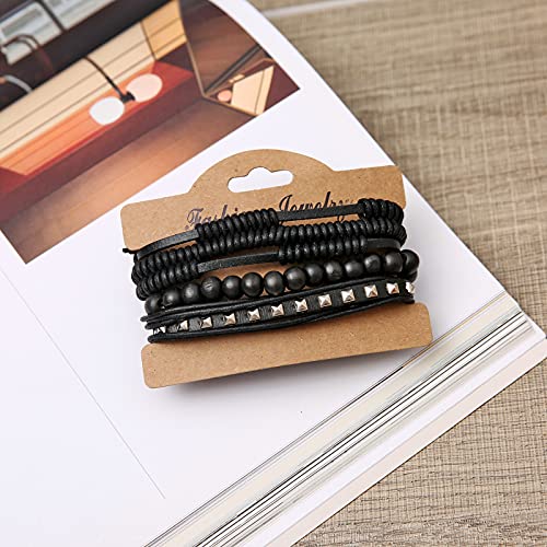 HZMAN Wrap Bracelets Men Women, Hemp Cords Wood Beads Ethnic Tribal Bracelets, Leather Wristbands - style: Wooden bead style 7