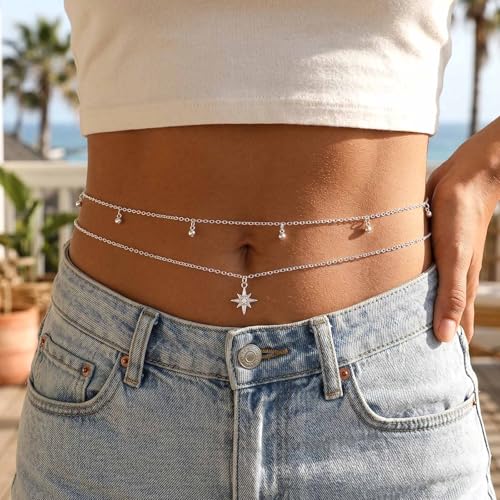 Layered Beads Waist Chain Gold/Silver Sun Belly Chain Bikini Body Chain Women Adjustable Beach Waist Jewelry Accessories - size: Large, style: Silver Sun