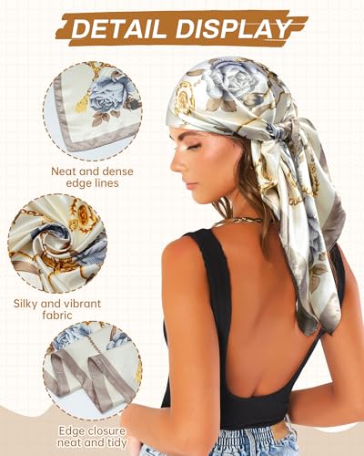 Mesovor 35” Square Head Scarf for Women, 3 Pack Like Silk Satin Headscarf Hair Neck Scarf Top Bandanas for Sleeping - color: Floral (Black/Camel/Beige)