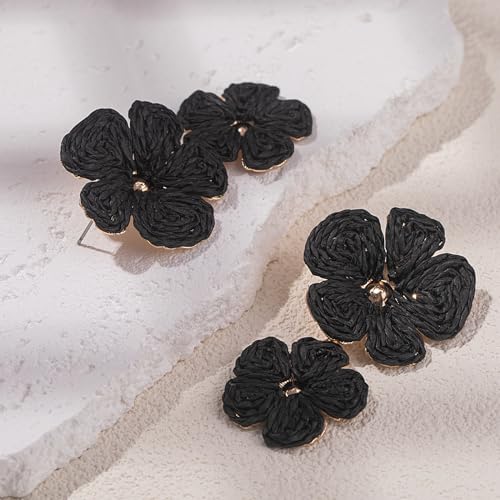Boho Flower Earrings Statement Raffia Dangle Earrings Cute Floral Jewelry Trendy Summer Beach Vacation Outfits for Women - color: Black