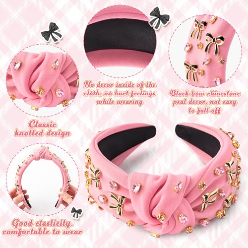 PANTIDE Coquette Black Bow Jeweled Knotted Headband - Rhinestone Crystal Embellished Preppy Trendy Headband Wide Top Knot Non Slip Fashion Hairband Hair Accessories Birthday Gift for Women Girl (Pink) - color: Pink Black Bow