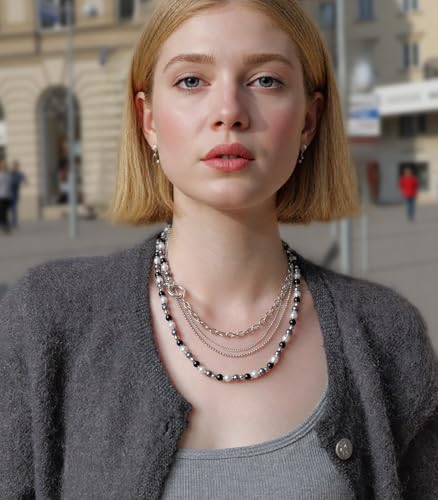 BULINLIN Layered Long Necklaces for Women Long Beaded Chain Necklace CostumeJewelry Mothers Day Gifts for Mom - color: 96-Black Grey