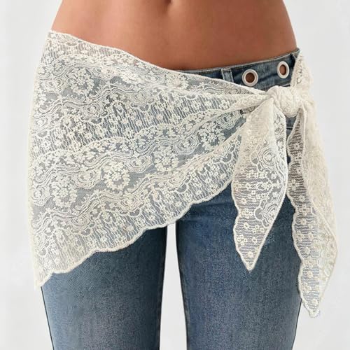 Women Y2K Lace Fringe Hip Scarf Boho Triangle Tassel Waist Cover Up Skirt Wrap Sheer Tie Belt Aesthetic Streetwear - color: I White