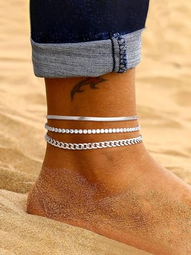 FindChic Black/Silver/Gold Plated Anklets Set of 2PCS/3PCS Herringbone Chain Cuban Link Heart Charm Sparkling Tennis Ankle Bracelets, Waterproof Summer Foot Jewelry for Beach - color: 06. Silver-3PCS Herringbone & Tennis & Cuban