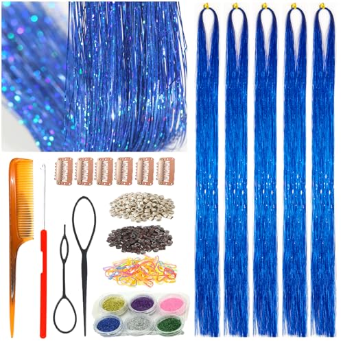 Celinebella Sapphire Blue Hair Tinsel, 48" 1250 Strands Royal Shimmer | Elegant cool sapphire royal blue, premium shimmer, heat resistant, great for 4th of July concerts daily trendy styling - color: 07-Royal Blue, size: 48 Inch Pack of 5Pcs