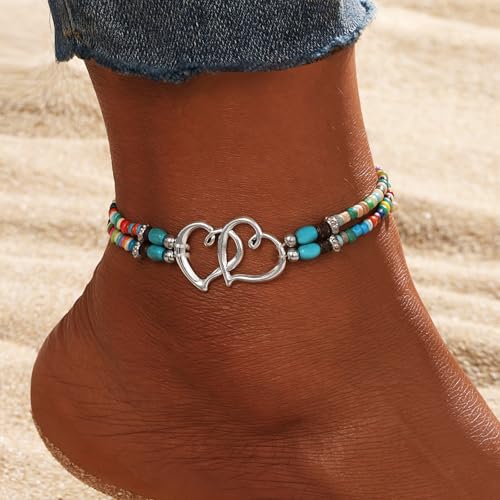 Qceasiy Shell Ankle Bracelet Set for Women, Gold Plated Boho Bead Adjustable Anklet, Hawaiian Beach Seashell Pearl Heart Starfish Conch Foot Jewelry Gifts - color: Double Heart(Colorful)