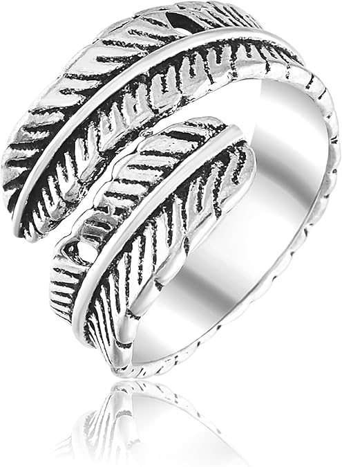 Silver Plated Feather Ring | 925 Silver Adjustable Open Ring | Vintage Leaf Design Inspirational Jewelry for Men & Women | Hypoallergenic Boho Statement Ring - color: Angel Feather Ring