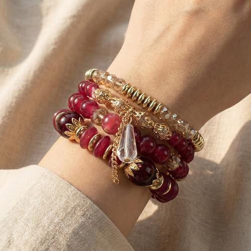 Bohemian Bracelet Sets for Women - 4-Pack Stackable Stretch Bead Bracelets with Black＆White Crystal & Gold Accessories, Multi-Layer Boho Jewelry - color: red