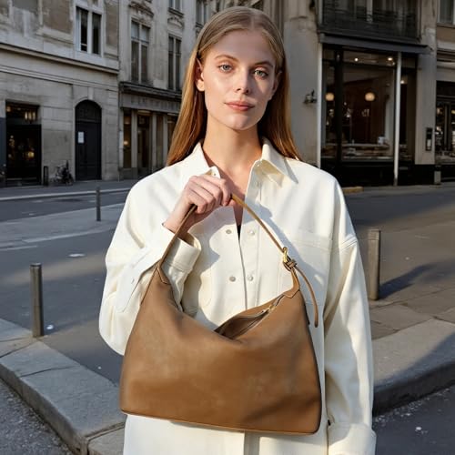 Suede Hobo Bag For Women,Vintage Shoulder Crossbody Purse,Fause Suede Handbag 2 Adjustable Straps,Lightweight Soft - color: Khaki