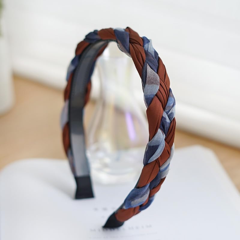 Braided Headband for Women-Vintage Fabric High Crown Headband with Non-Slip Teeth, Cute Boho Knotted Hair Band for Women & Teens (14-Denim Coffee, One Size) - color: 14-Denim Coffee