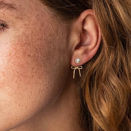 SmileBelle 2 Pairs Daisy Bow Gold Earrings Set for Women, Pearl Bow Earring for Women X Minimalist earrings Seashell Simple Dainty Earrings, Beach earring Gold Stud Earring for Women Trendy - style: Pearl earrings set