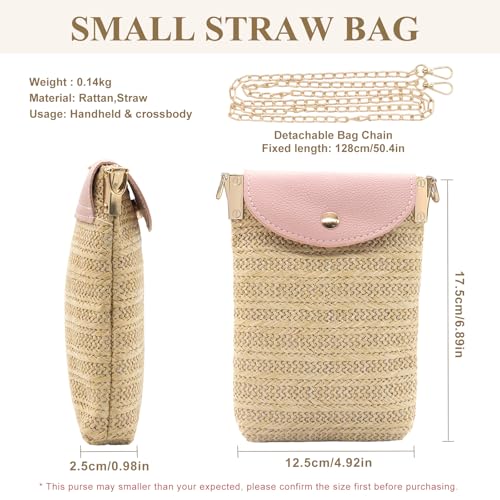 Long Keeper Small Straw Crossbody Phone Purse for Women Mini Faux Straw Summer Crossbody Boho Shoulder Bag for Beach Holiday - color: Pink