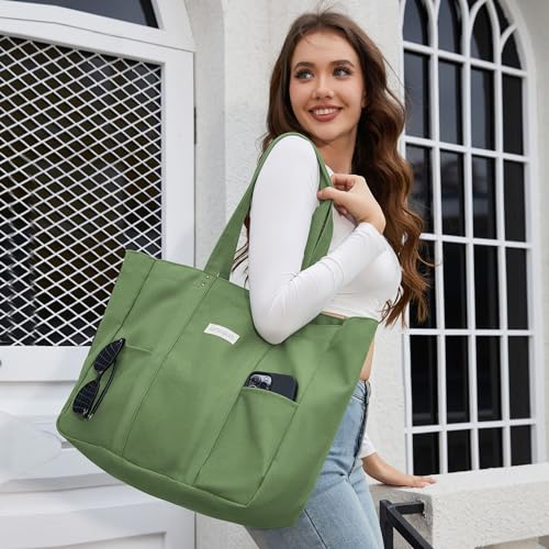 HOMESPON Large Canvas Tote Bag for Women Everything Bag with Pockets and Laptop Sleeve - color: Green