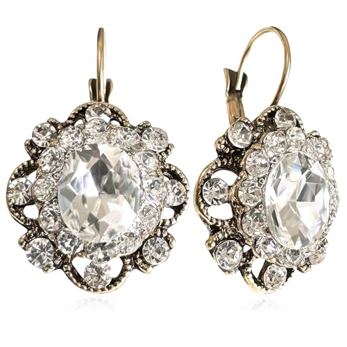 Handmade Bohemian Vintage Gold Sparkly Crystal Round Flower Leverback Earrings Cute Rhinestone Geometry Dangle Drop Earring for Women - color: White
