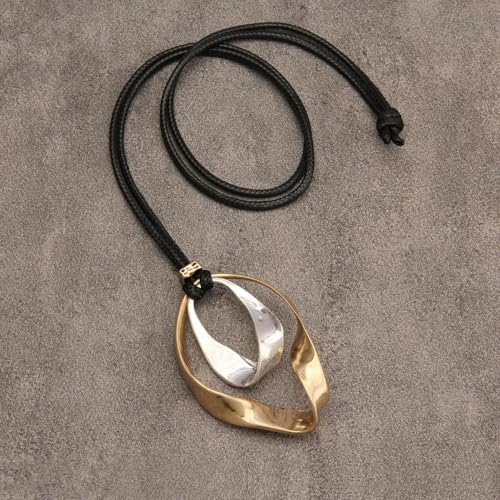 GelConnie Leather Necklace for Women Round Wooden Pendant Long Leather Choker Vintage Sweater Necklace Gold Chunky Boho Necklaces for Women - style: Boho Choker Necklace