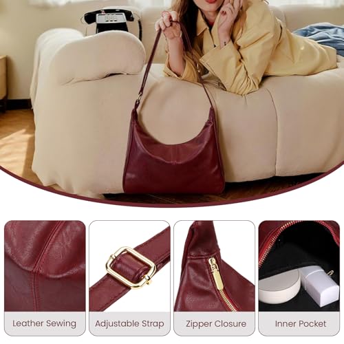 Brown Shoulder Bag for Women,Brown Leather Purse Slouchy Hobo Bags Everyday Purse Daily Commuting Bag with Zipper - color: Red