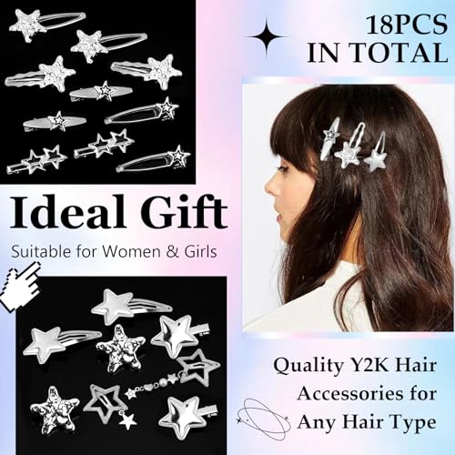 Canitor Y2k Star Hair Clips Cute Kawaii Metal Punk Snap Clips Barrettes for Women Teen Girl Silver Goth Emo 2000s Grunge Rave Kpop Fashion Hair Accessories for Concert Outfit (silver 18pcs) - color: silver 18pcs