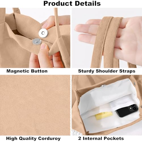 Corduroy Tote Bag for Women Small Canvas Shoulder Purse Cord Handy Bag with Inner Pocket | with Front Pocket - color: 02 Khaki