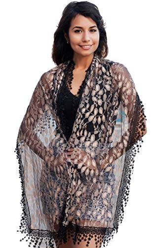 Cindy & Wendy Lightweight Soft Leaf Lace Fringe Scarf Bridal Shawl for Women - color: Black & Coffee