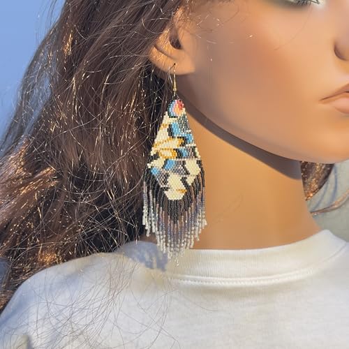 Handmade Seed Beaded Earrings, Lightweight Boho Fringe Dangle Earrings, Glass Bead Drop Jewelry for Everyday Wear & Party, Women Gifts - color: Feather