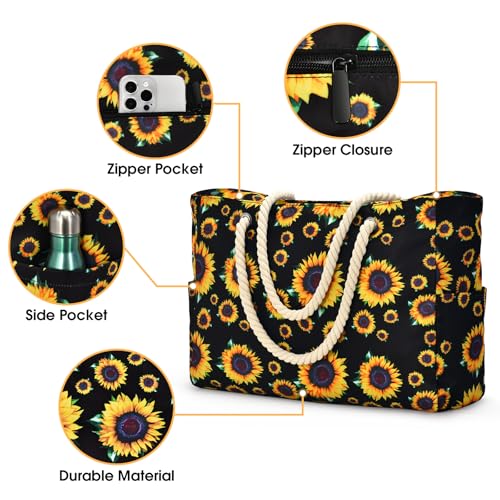 Becokan Beach Bag Large Beach Tote Bag for Women Waterproof Sandproof Swim Pool Bag With Zipper - color: Sunflower