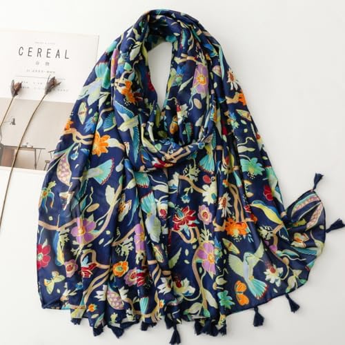 WaJuemy Travel Boho Scarf for Women Casual Lightweight Pashmina Scarves Fashion Multicolor Shawl Wraps with Fringed Beads - color: 49 Navy Bloom