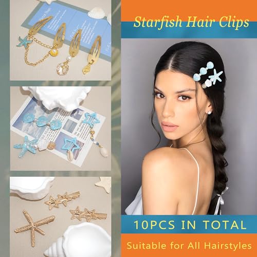 10PCS Blue Starfish Hair Clip Bling Gold Seashell Hair Clips Y2K Summer Beach Shell Hair Accessories for Women and Girls - color: Blue
