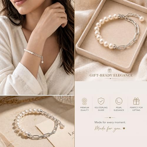 LeCalla Pure 925 Sterling Silver Italian Paperclip Link Chain Bracelets | Gold Over Silver Paper-Clip Link Station Bracelet | Sliding Bolo Bracelet for Women - color: Pearl Paperclip Link
