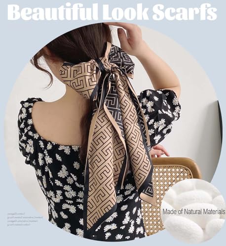 kcctoo 59" Mulberry Silk Like Head Scarf Women's Fashion Square Neck Satin Scarfs for Bag Hair Scarves Gift 59 * 5.9” - color: I18 Brown Squares 59" X 5.9"