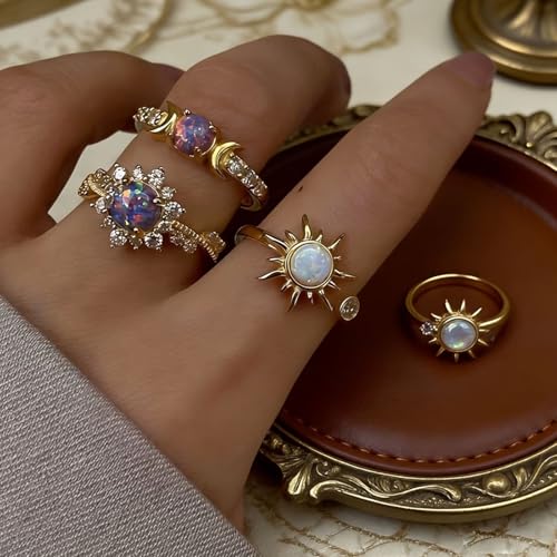 Gold Rings for Women Non Tarnish Stackable Rhinestone Moon Star Rings Dainty Stacking Pearl Butterfly Midi Pinky Thumb Joint Finger Knuckle Ring Set Gold Non Tarnish Jewelry Gifts Trendy Stuff - color: U Gold Moon Sun Rings 4Pcs