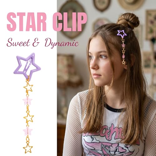 Pndeyo 2pcs Star Tassels Hair Clips for Women, Non-Slip 2000s Y2K Hair Snap Barrettes, Cute Star Beaded Pendant Hair Pin Accessories for Braid Long Short Thin Thick Hair- Purple - color: Purple-2pcs