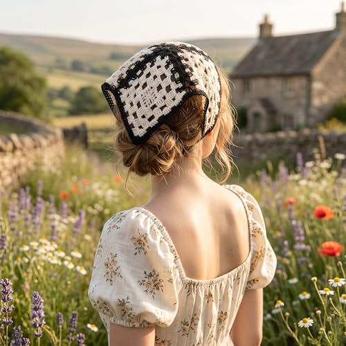 3 Pcs Daisy Crochet Bandana, Cute Bandanas for Women, Flowers Crochet Head Scarf, Floral Head Scarf for Women's hair Styling Decor (Black, White) - color: Black, White-Style2