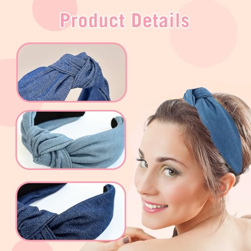 2 Pcs 6CM Wide Knotted Hair Hoops Vintage Denim Knot Headbands Non-Slip Elastic Top Thick Hairbands Dark Blue Light Blue