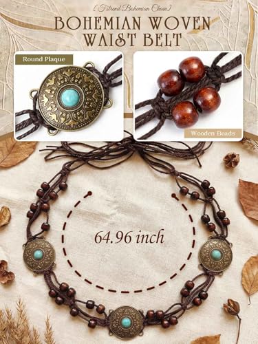 Fstrend Women's Woven Waist Belt Chain,Turquoise Braided Belts with Wooden Beads,Adjustable Belly Accessory for Dress (D) - color: C
