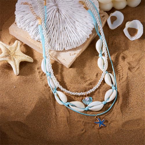 Shell Beach Choker Necklace Set for Women Boho Layered Beaded Adjustable Starfish Conch Shell Nacklace Imitaion Pearl Rice Beads Necklace Summer Ocean Vacation Jewelry - color: Blue