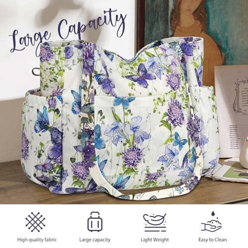 Corduroy Tote Bag for Women,Large Capacity Cute Tote Bags With 6 Pockets,Crossbody Shoulder Handbag for Work Travel Gym - color: Purple Butterfly