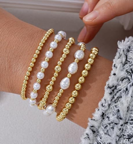 Gold Beaded Bracelets for Women, 14K Real Gold Plated Jewelry for Women Dainty Pearl Bead Bracelets Stack, Non Tarnish Trendy Stackable Ball Cross Stretch Bracelet Set Fashion Accessories Gifts - color: 5 PCS Gold pearl