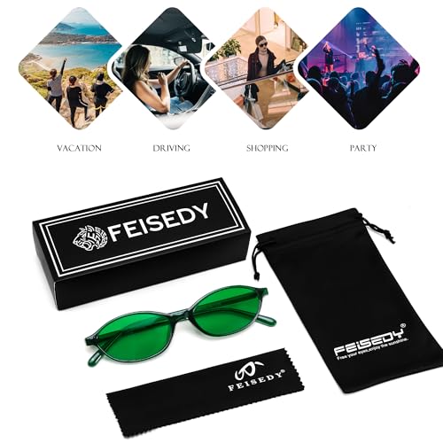 FEISEDY Retro Oval Sunglasses for Women Cat Eye 90s Lightweight Narrow Shades Trendy Sun Glasses B4196 - color: 2 Pack Green+green