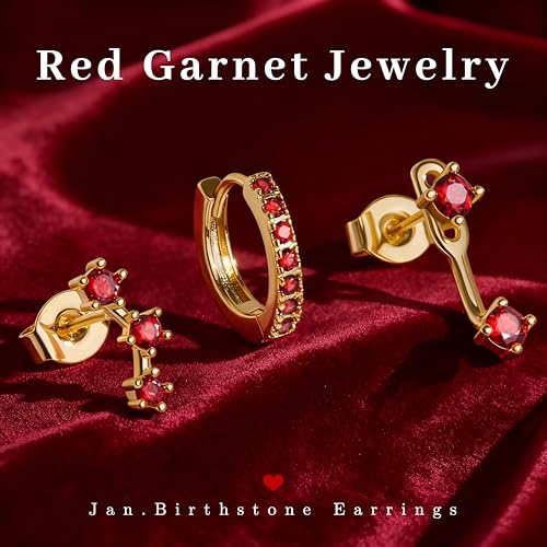 3 Pairs Dainty Small 4th of July Earrings for Women Trendy, Birthstone Stud Huggie Hoop Jacket Stack for Cartilage Helix, Gold Plated Hypoallergenic Cute Women Fashion Accessories Western Jewelry Gifts - color: 01Red Created Garnet-Jan (Gold)