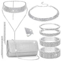 EIELO Rhinestone Jewelry Set for Women Wedding Bridal Triangle Clutch Bag Silvery Clutch Purse Glitter Choker Necklace Tennis Stretch Bracelets Ring Dangle Fringe Earrings Set - style: Silvery Clutch Purse