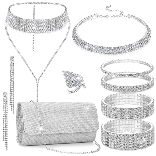 EIELO Rhinestone Jewelry Set for Women Wedding Bridal Triangle Clutch Bag Silvery Clutch Purse Glitter Choker Necklace Tennis Stretch Bracelets Ring Dangle Fringe Earrings Set - style: Silvery Clutch Purse