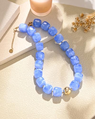 Chunky Beaded Statement Necklace for Women Trendy Colorful Boho Resin Bead Choker Necklaces Summer Handmade Jewelry Gifts Accessories - color: Blue - 2