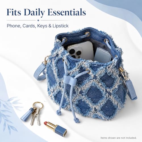 QZUnique Women Denim Mini Bucket Bag Crossbody Purse Shoulder Handbag Drawstring Quilted Tassel Barrel Shape Satchel Tote Bag - color: Bucket Blue