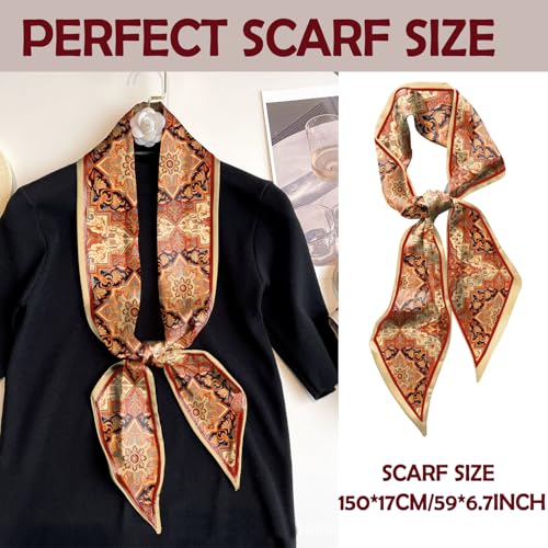 Hair Head Scarf Silk Feeling Long Satin Neck Satin Scarves for Handbag Cute Aesthetic Decoration Women Girls 59 * 6.7” - color: Y3-boho