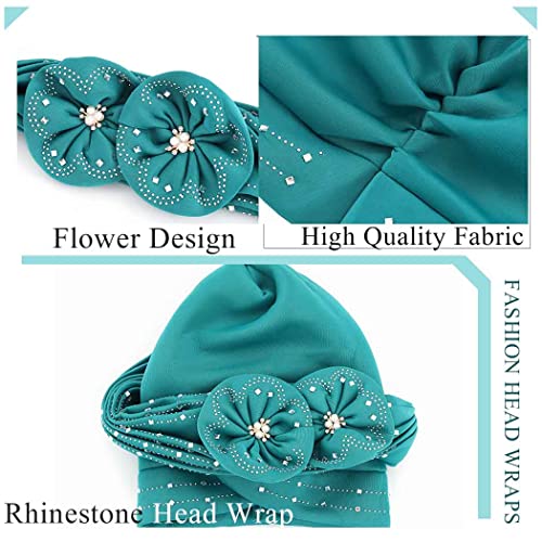 Woeoe Beanie Cap Head Wrap Black Rhinestones Head Scarf Flower Pearls Twisted Head Turban for Women Girls - color: Teal Color
