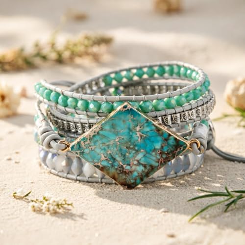 YGLINE Boho Handmade Wrap Leather Tube Crystal Stone Bracelet for Women - color: Blue